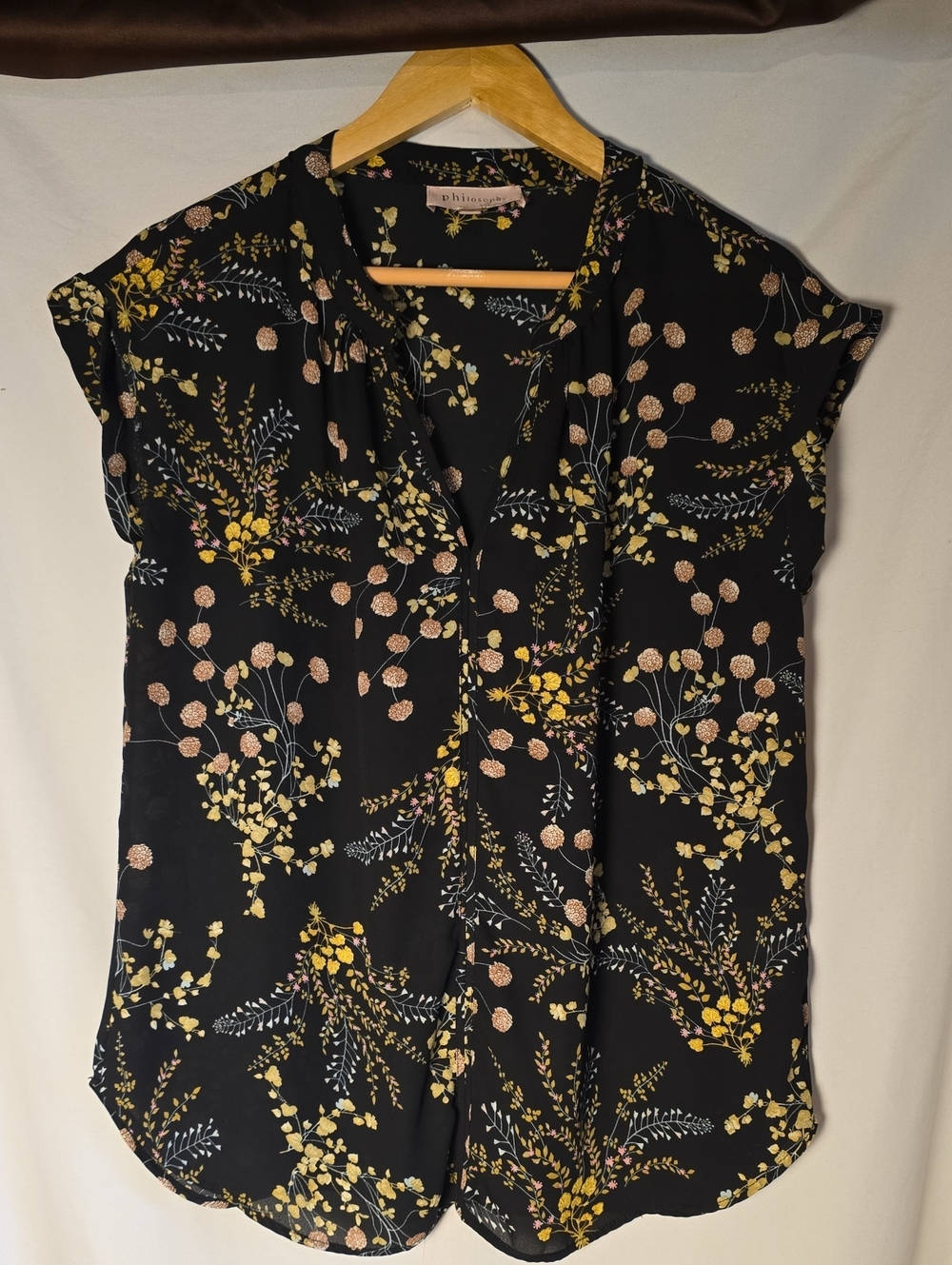 Philosophy Black Floral Short-Sleeve Blouse with Yellow and Pink Accents